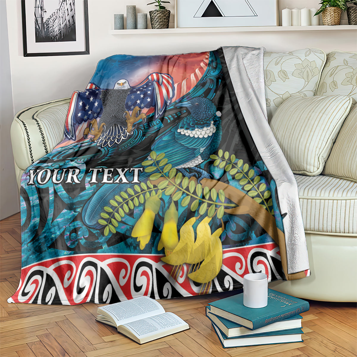 Personalised United States And New Zealand Blanket USA Eagle With Kowhai Aotearoa Tui Bird LT14 Blue - Polynesian Pride