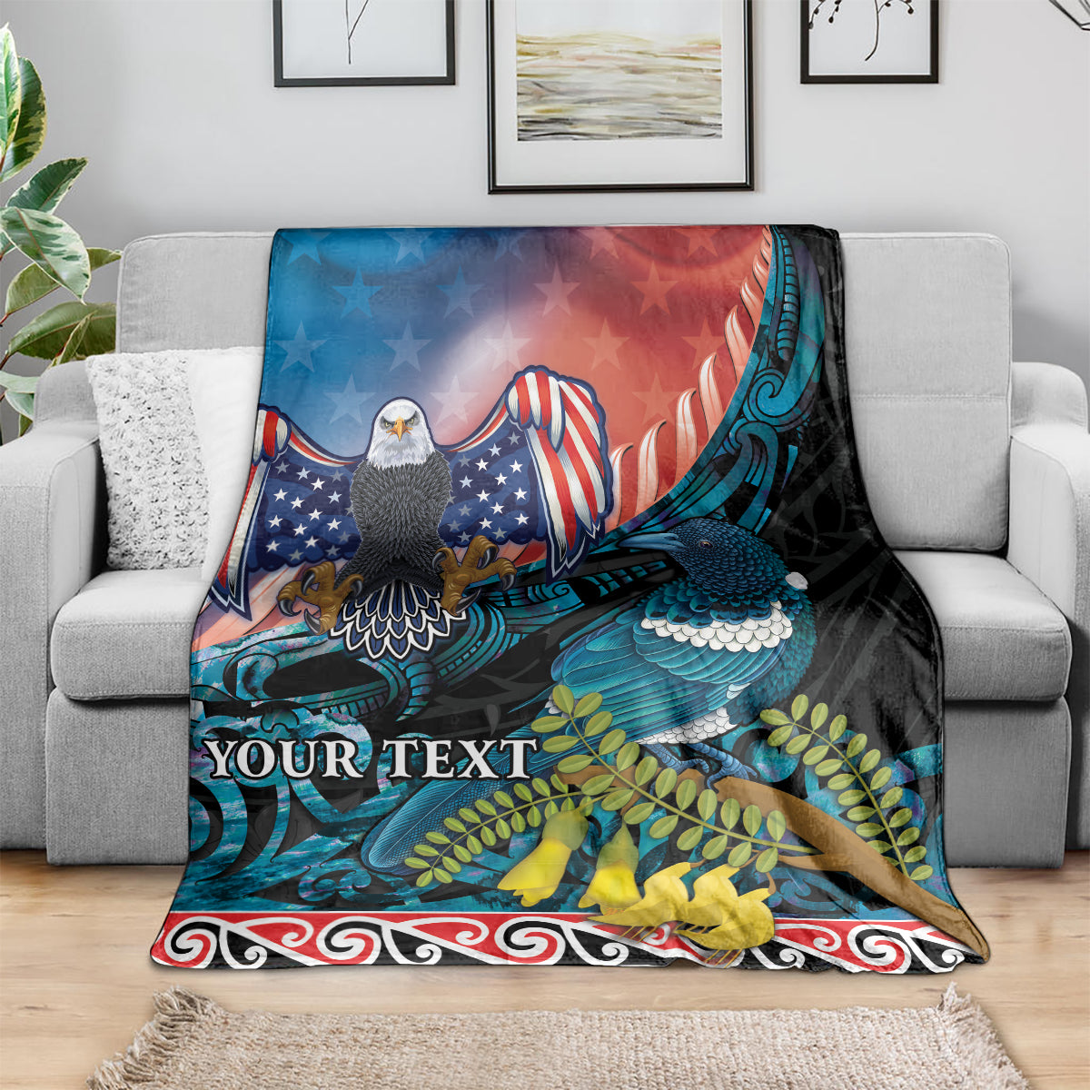 Personalised United States And New Zealand Blanket USA Eagle With Kowhai Aotearoa Tui Bird LT14 - Polynesian Pride