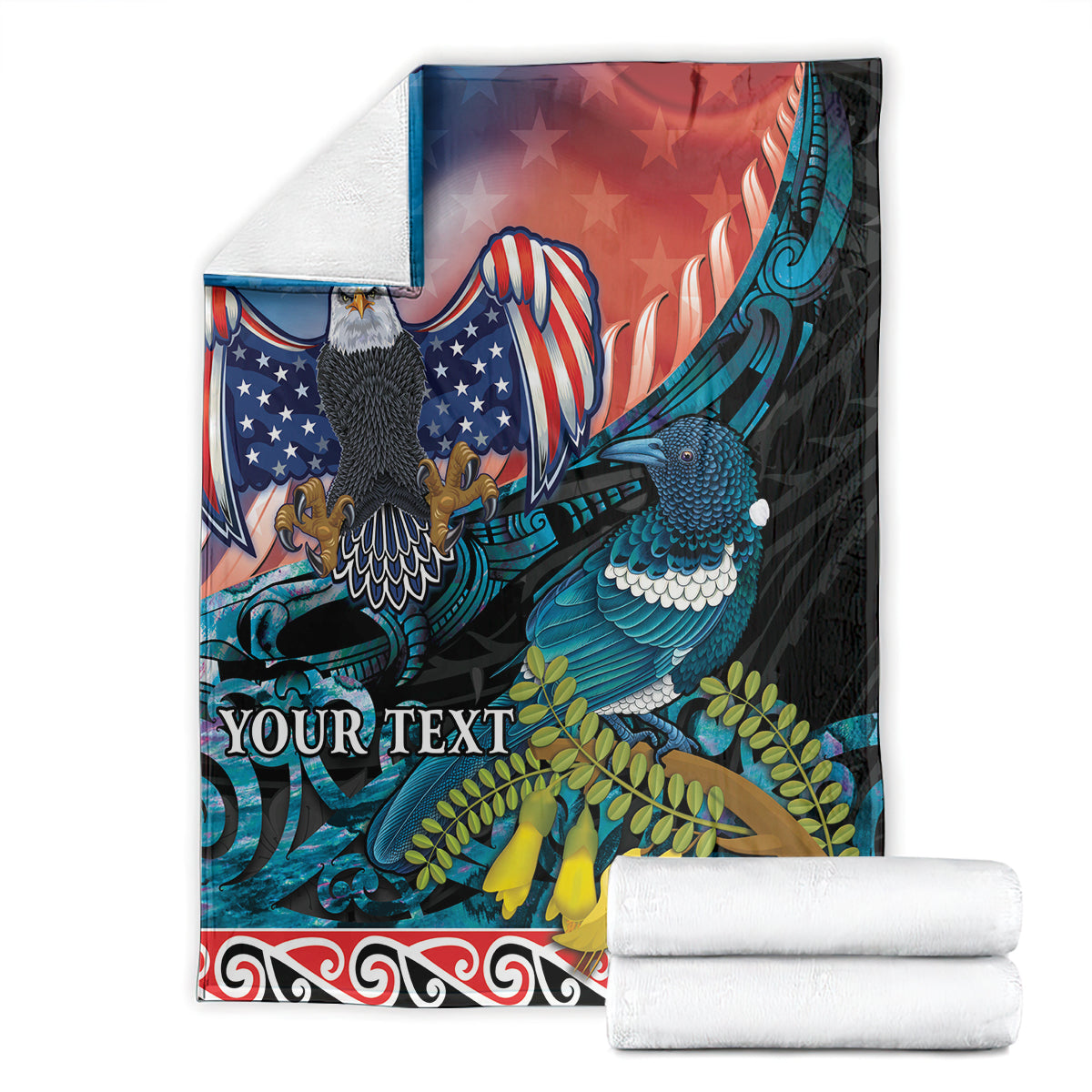 Personalised United States And New Zealand Blanket USA Eagle With Kowhai Aotearoa Tui Bird LT14 - Polynesian Pride