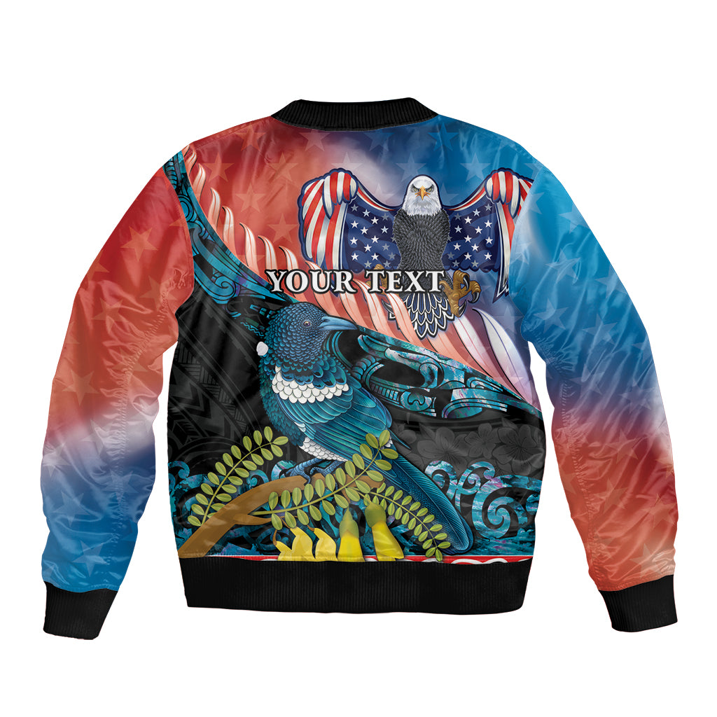 Personalised United States And New Zealand Bomber Jacket USA Eagle With Kowhai Aotearoa Tui Bird LT14 - Polynesian Pride
