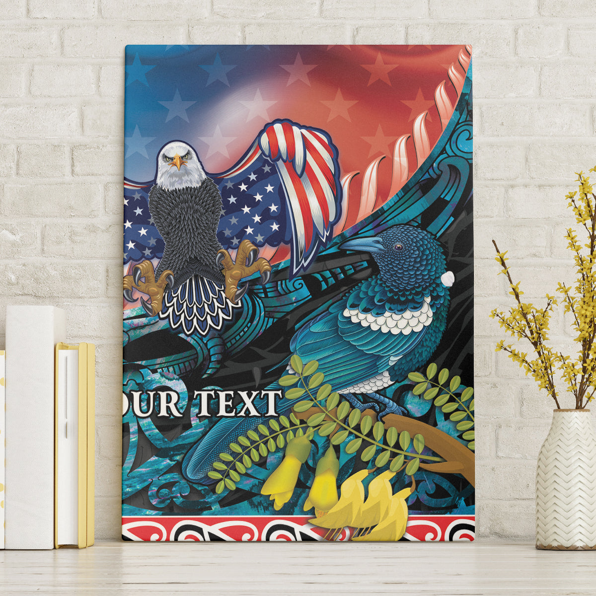 Personalised United States And New Zealand Canvas Wall Art USA Eagle With Kowhai Aotearoa Tui Bird LT14 Without Frame Blue - Polynesian Pride