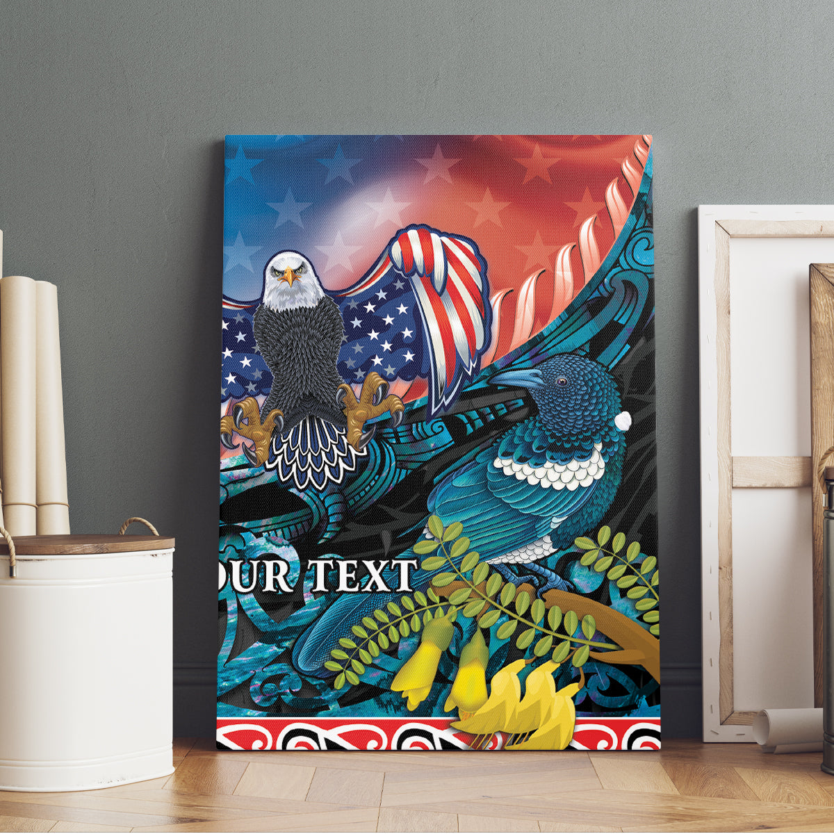 Personalised United States And New Zealand Canvas Wall Art USA Eagle With Kowhai Aotearoa Tui Bird LT14 - Polynesian Pride