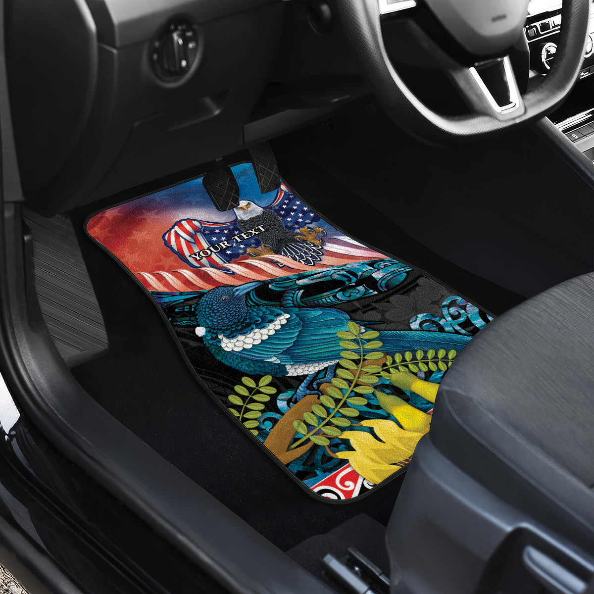 Personalised United States And New Zealand Car Mats USA Eagle With Kowhai Aotearoa Tui Bird LT14 - Polynesian Pride