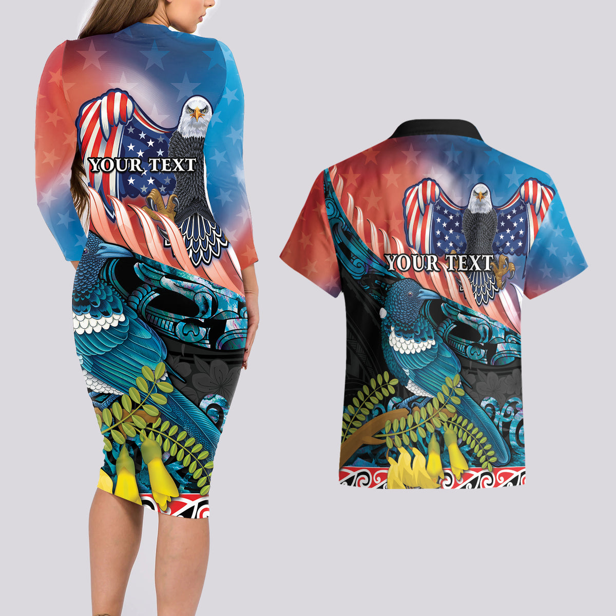 Personalised United States And New Zealand Couples Matching Long Sleeve Bodycon Dress and Hawaiian Shirt USA Eagle With Kowhai Aotearoa Tui Bird LT14 - Polynesian Pride