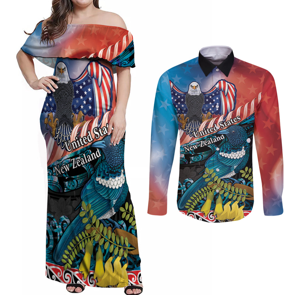 Personalised United States And New Zealand Couples Matching Off Shoulder Maxi Dress and Long Sleeve Button Shirt USA Eagle With Kowhai Aotearoa Tui Bird LT14 Blue - Polynesian Pride