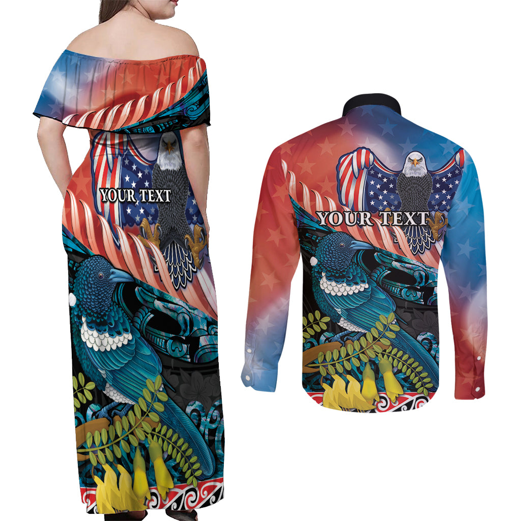 Personalised United States And New Zealand Couples Matching Off Shoulder Maxi Dress and Long Sleeve Button Shirt USA Eagle With Kowhai Aotearoa Tui Bird LT14 - Polynesian Pride