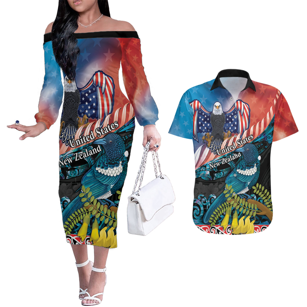Personalised United States And New Zealand Couples Matching Off The Shoulder Long Sleeve Dress and Hawaiian Shirt USA Eagle With Kowhai Aotearoa Tui Bird LT14 Blue - Polynesian Pride