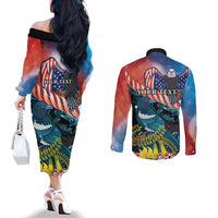 Personalised United States And New Zealand Couples Matching Off The Shoulder Long Sleeve Dress and Long Sleeve Button Shirt USA Eagle With Kowhai Aotearoa Tui Bird LT14 - Polynesian Pride