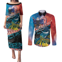 Personalised United States And New Zealand Couples Matching Puletasi and Long Sleeve Button Shirt USA Eagle With Kowhai Aotearoa Tui Bird LT14 Blue - Polynesian Pride