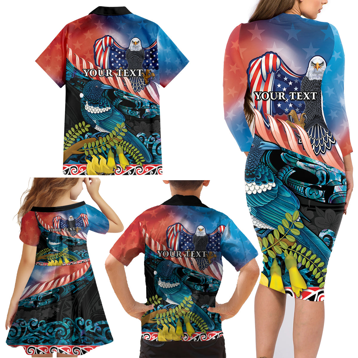 Personalised United States And New Zealand Family Matching Long Sleeve Bodycon Dress and Hawaiian Shirt USA Eagle With Kowhai Aotearoa Tui Bird LT14 - Polynesian Pride
