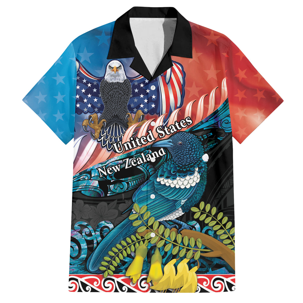 Personalised United States And New Zealand Family Matching Long Sleeve Bodycon Dress and Hawaiian Shirt USA Eagle With Kowhai Aotearoa Tui Bird LT14 Dad's Shirt - Short Sleeve Blue - Polynesian Pride