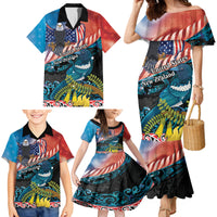 Personalised United States And New Zealand Family Matching Mermaid Dress and Hawaiian Shirt USA Eagle With Kowhai Aotearoa Tui Bird LT14 - Polynesian Pride