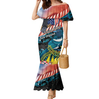 Personalised United States And New Zealand Family Matching Mermaid Dress and Hawaiian Shirt USA Eagle With Kowhai Aotearoa Tui Bird LT14 Mom's Dress Blue - Polynesian Pride