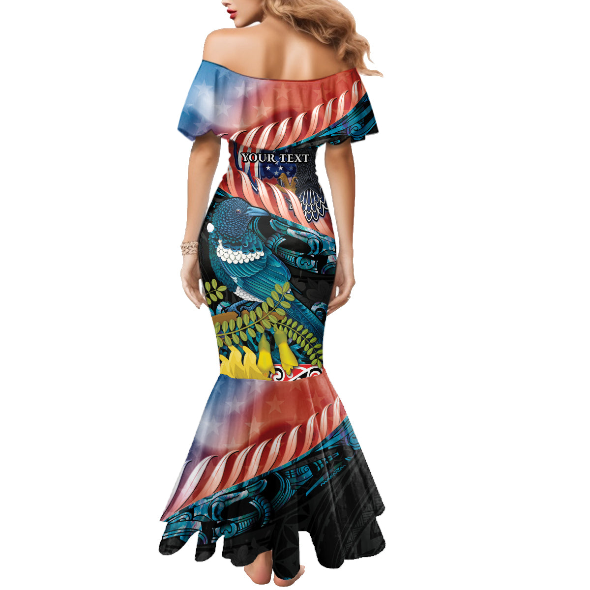 Personalised United States And New Zealand Family Matching Mermaid Dress and Hawaiian Shirt USA Eagle With Kowhai Aotearoa Tui Bird LT14 - Polynesian Pride