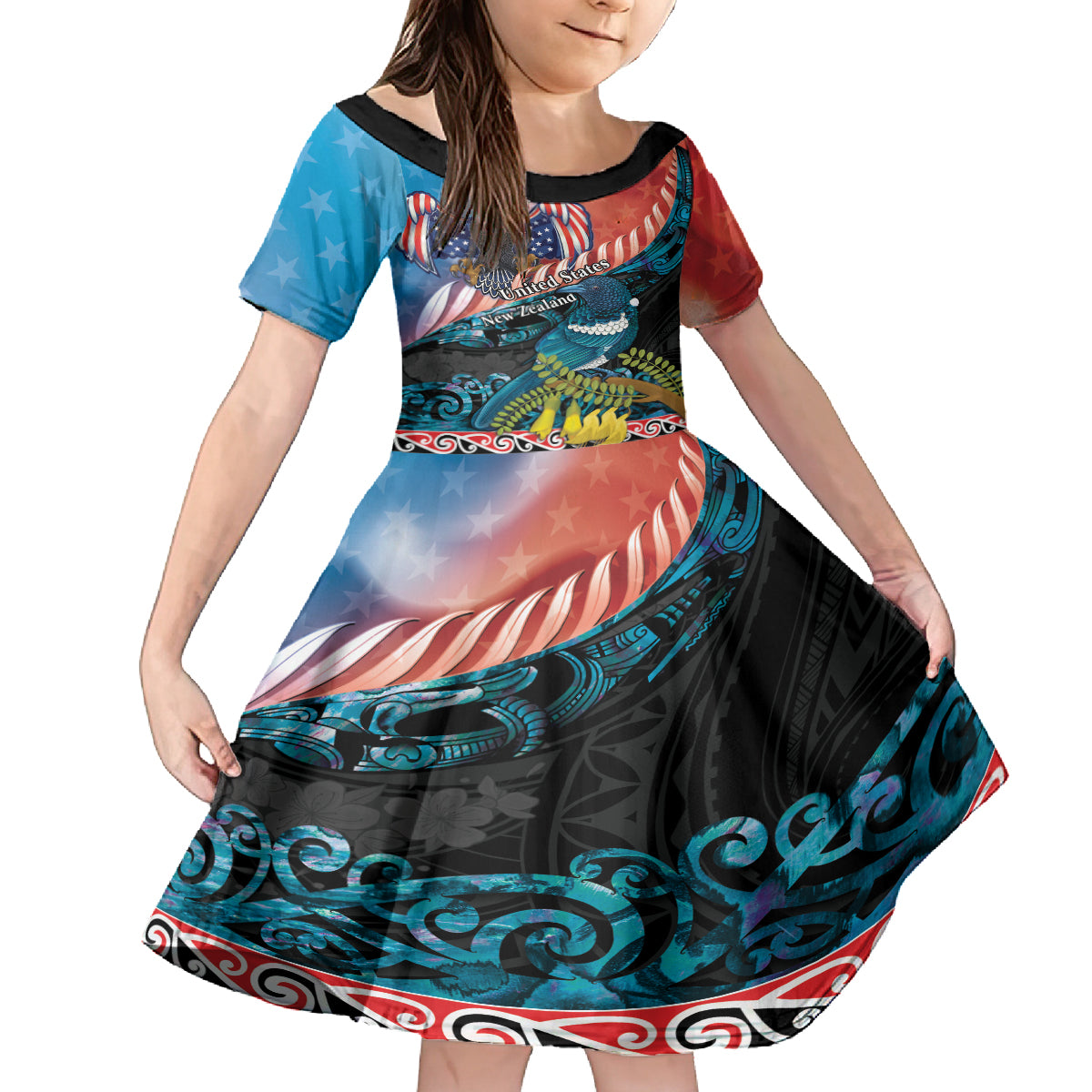 Personalised United States And New Zealand Family Matching Off The Shoulder Long Sleeve Dress and Hawaiian Shirt USA Eagle With Kowhai Aotearoa Tui Bird LT14 Daughter's Dress Blue - Polynesian Pride