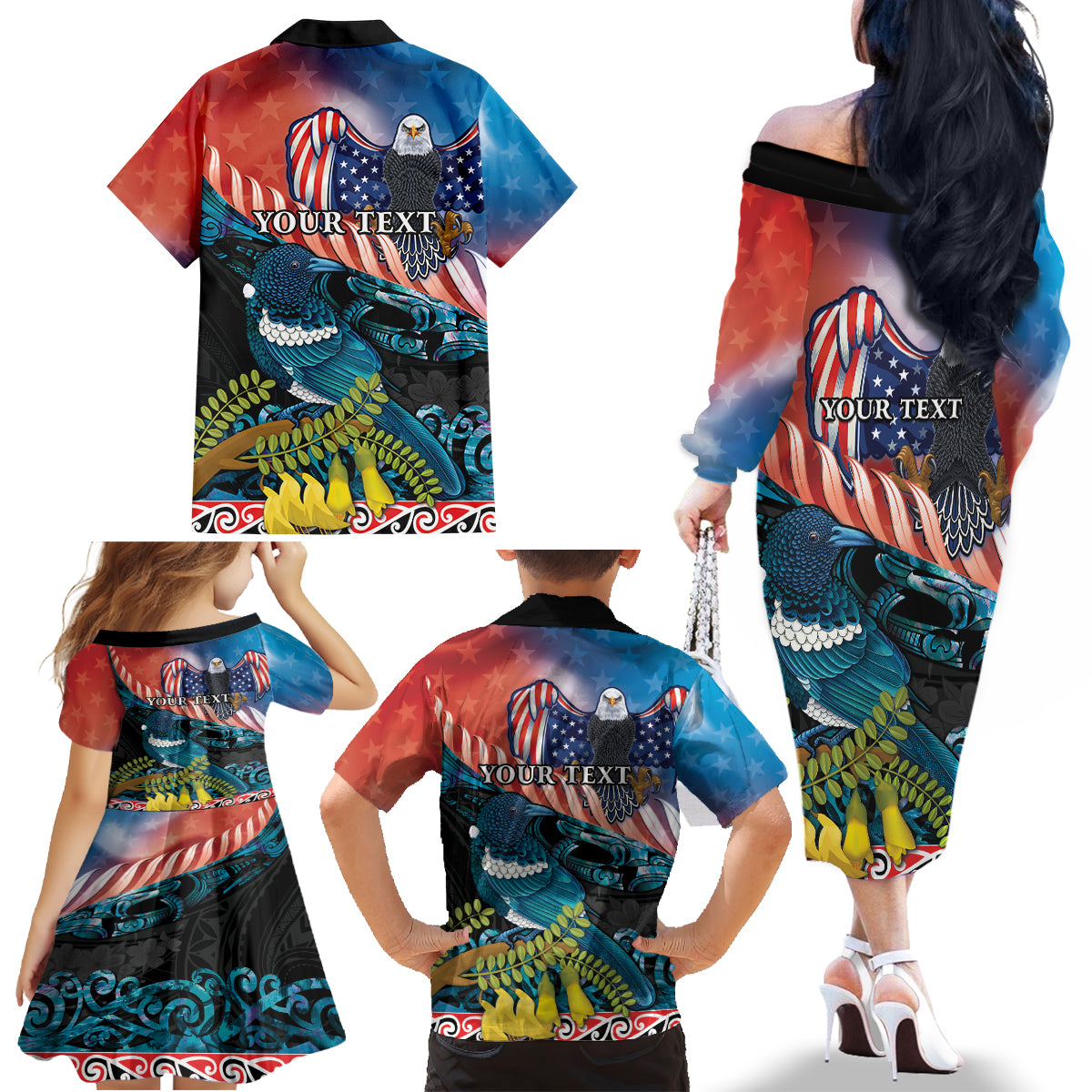 Personalised United States And New Zealand Family Matching Off The Shoulder Long Sleeve Dress and Hawaiian Shirt USA Eagle With Kowhai Aotearoa Tui Bird LT14 - Polynesian Pride