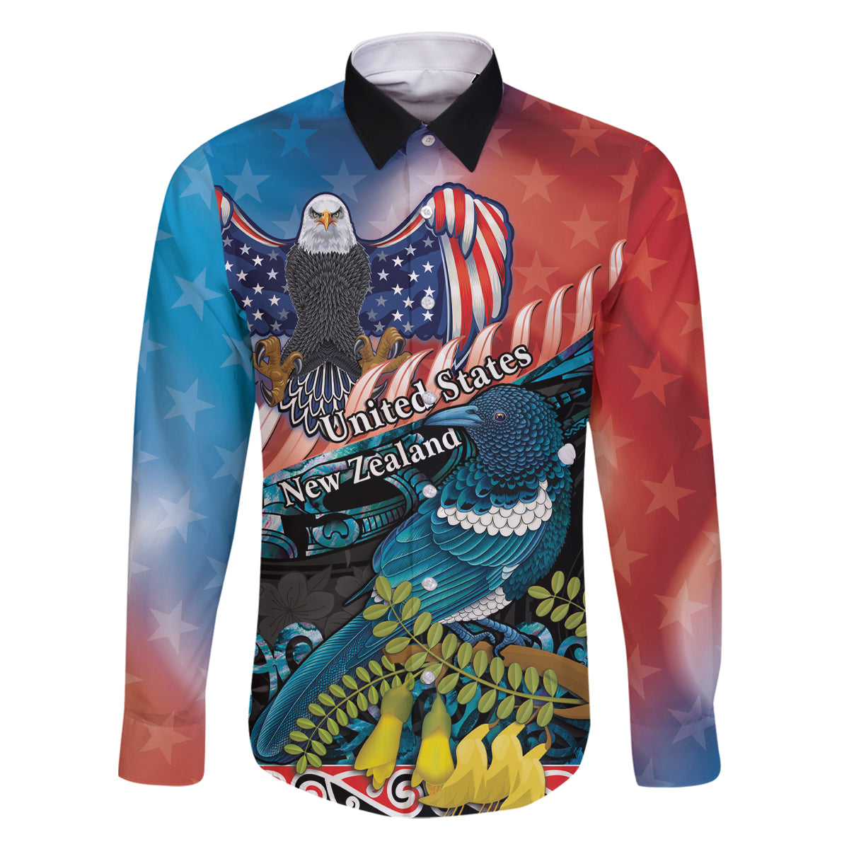 Personalised United States And New Zealand Family Matching Off The Shoulder Long Sleeve Dress and Hawaiian Shirt USA Eagle With Kowhai Aotearoa Tui Bird LT14 Dad's Shirt - Long Sleeve Blue - Polynesian Pride