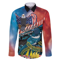 Personalised United States And New Zealand Family Matching Off The Shoulder Long Sleeve Dress and Hawaiian Shirt USA Eagle With Kowhai Aotearoa Tui Bird LT14 Dad's Shirt - Long Sleeve Blue - Polynesian Pride