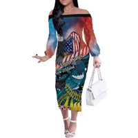 Personalised United States And New Zealand Family Matching Off The Shoulder Long Sleeve Dress and Hawaiian Shirt USA Eagle With Kowhai Aotearoa Tui Bird LT14 Mom's Dress Blue - Polynesian Pride