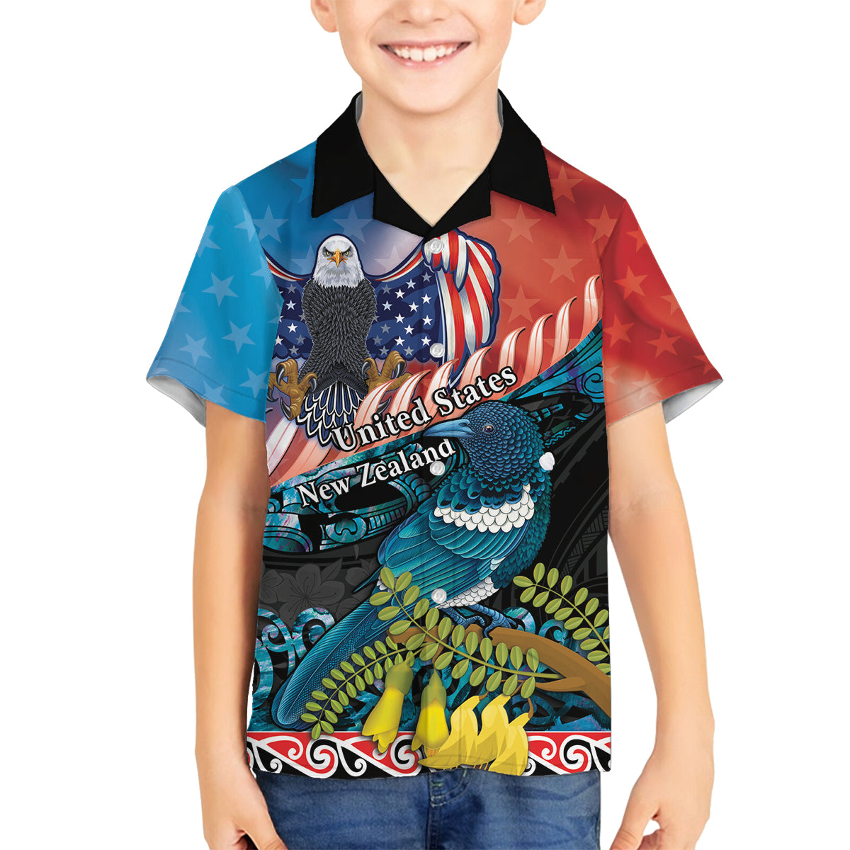 Personalised United States And New Zealand Family Matching Off The Shoulder Long Sleeve Dress and Hawaiian Shirt USA Eagle With Kowhai Aotearoa Tui Bird LT14 Son's Shirt Blue - Polynesian Pride