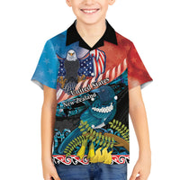 Personalised United States And New Zealand Family Matching Off The Shoulder Long Sleeve Dress and Hawaiian Shirt USA Eagle With Kowhai Aotearoa Tui Bird LT14 Son's Shirt Blue - Polynesian Pride
