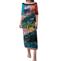 Personalised United States And New Zealand Family Matching Puletasi and Hawaiian Shirt USA Eagle With Kowhai Aotearoa Tui Bird LT14 Mom's Dress Blue - Polynesian Pride