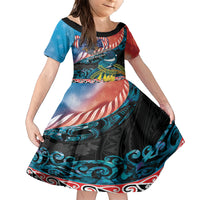 Personalised United States And New Zealand Family Matching Short Sleeve Bodycon Dress and Hawaiian Shirt USA Eagle With Kowhai Aotearoa Tui Bird LT14 Daughter's Dress Blue - Polynesian Pride