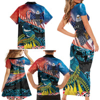 Personalised United States And New Zealand Family Matching Short Sleeve Bodycon Dress and Hawaiian Shirt USA Eagle With Kowhai Aotearoa Tui Bird LT14 - Polynesian Pride