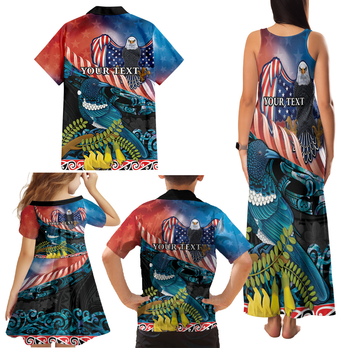 Personalised United States And New Zealand Family Matching Tank Maxi Dress and Hawaiian Shirt USA Eagle With Kowhai Aotearoa Tui Bird LT14 - Polynesian Pride