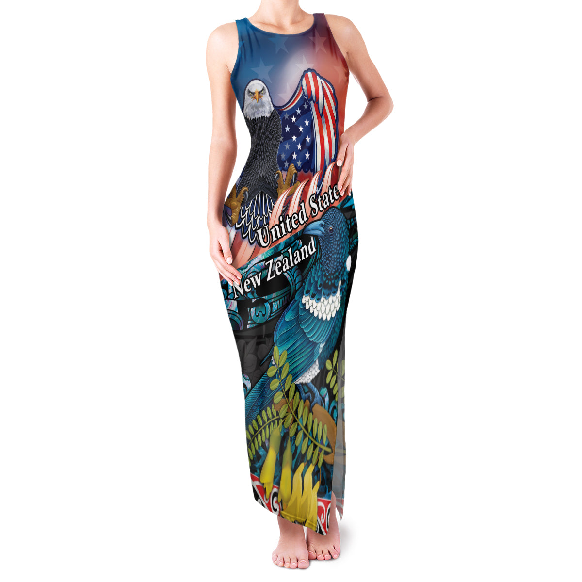 Personalised United States And New Zealand Family Matching Tank Maxi Dress and Hawaiian Shirt USA Eagle With Kowhai Aotearoa Tui Bird LT14 Mom's Dress Blue - Polynesian Pride