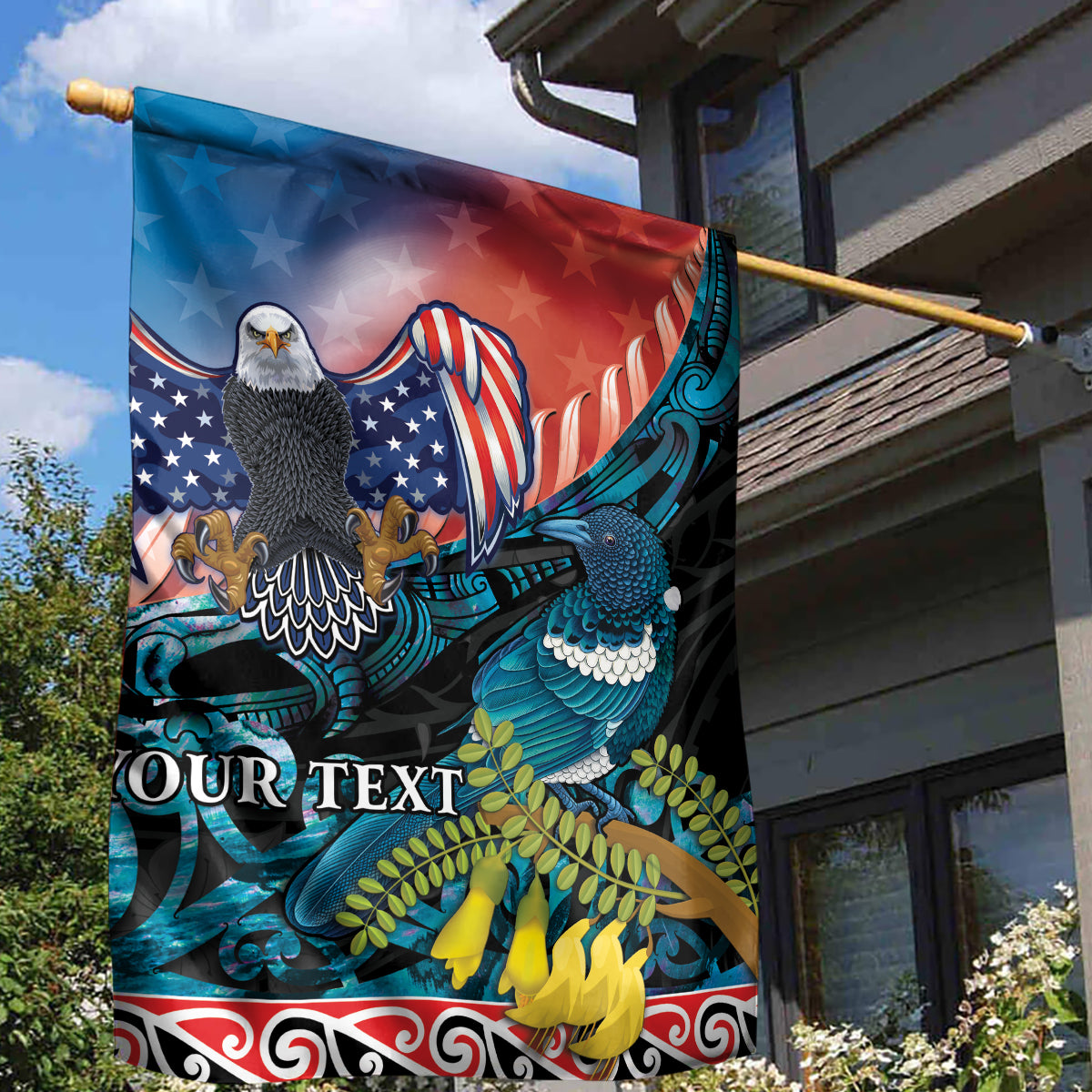 Personalised United States And New Zealand Garden Flag USA Eagle With Kowhai Aotearoa Tui Bird LT14 - Polynesian Pride