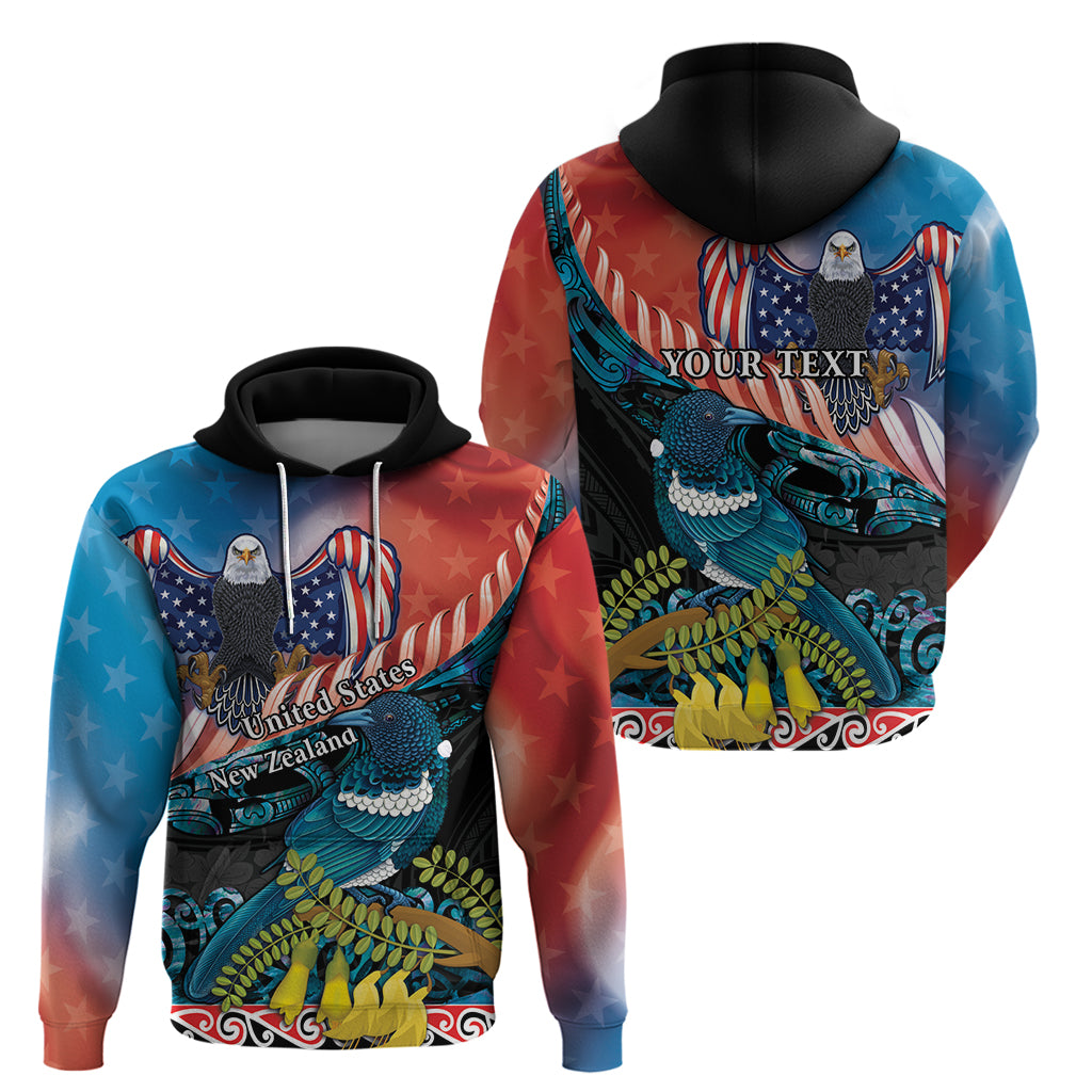 Personalised United States And New Zealand Hoodie USA Eagle With Kowhai Aotearoa Tui Bird LT14 - Polynesian Pride