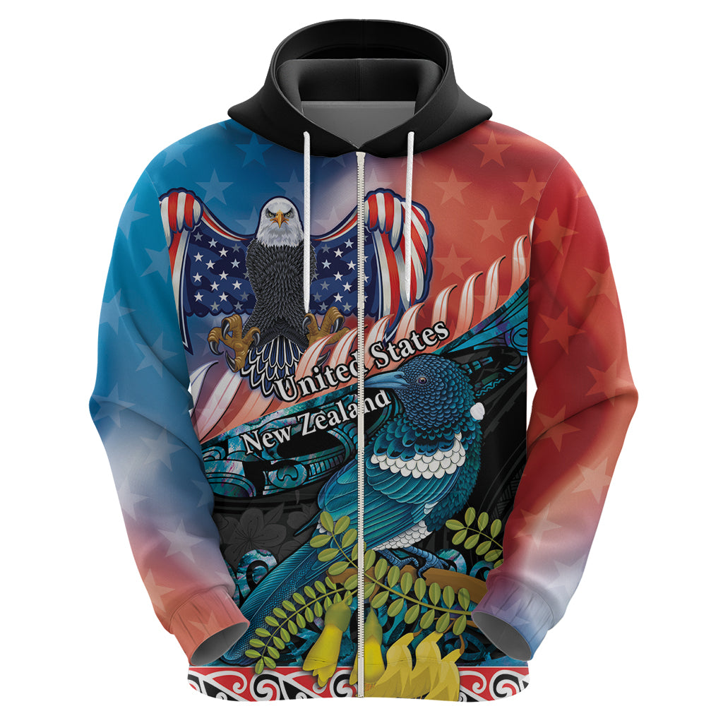 Personalised United States And New Zealand Hoodie USA Eagle With Kowhai Aotearoa Tui Bird LT14 - Polynesian Pride