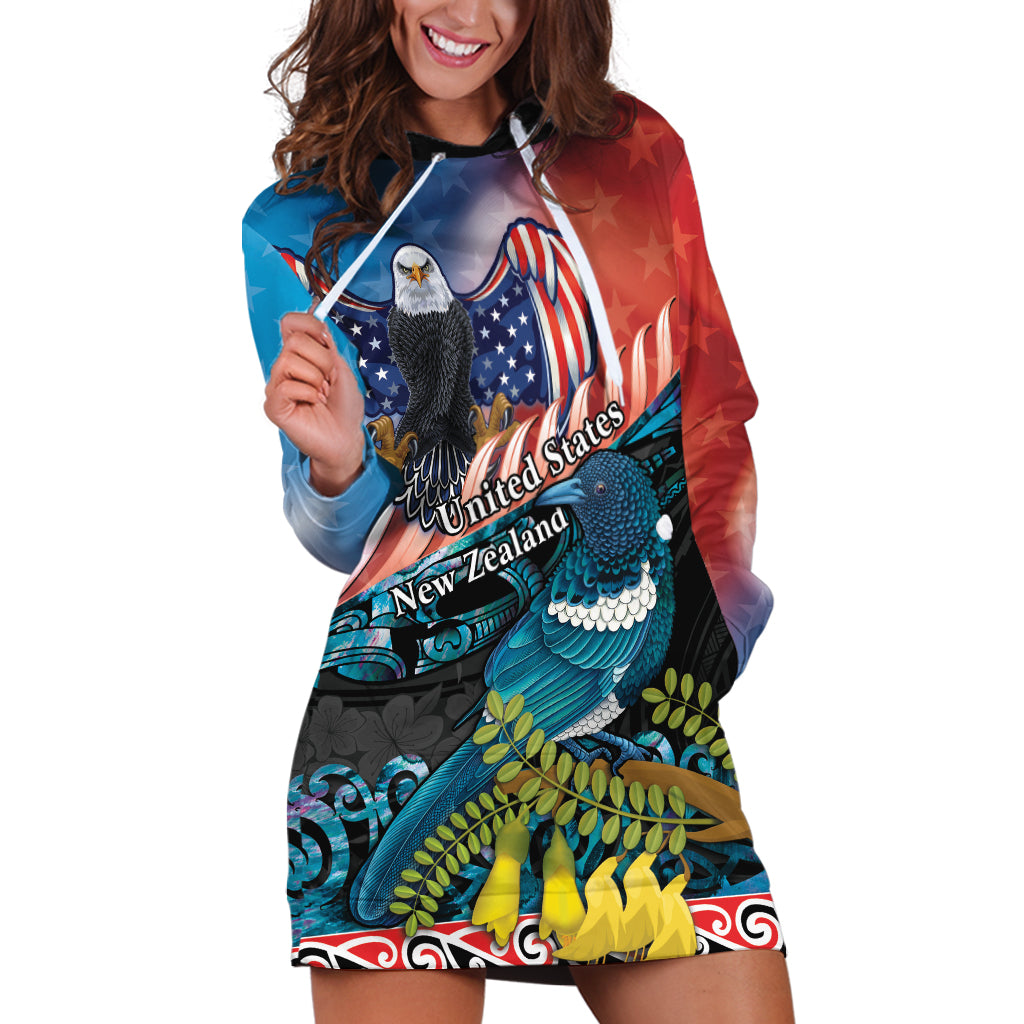 Personalised United States And New Zealand Hoodie Dress USA Eagle With Kowhai Aotearoa Tui Bird LT14 Blue - Polynesian Pride