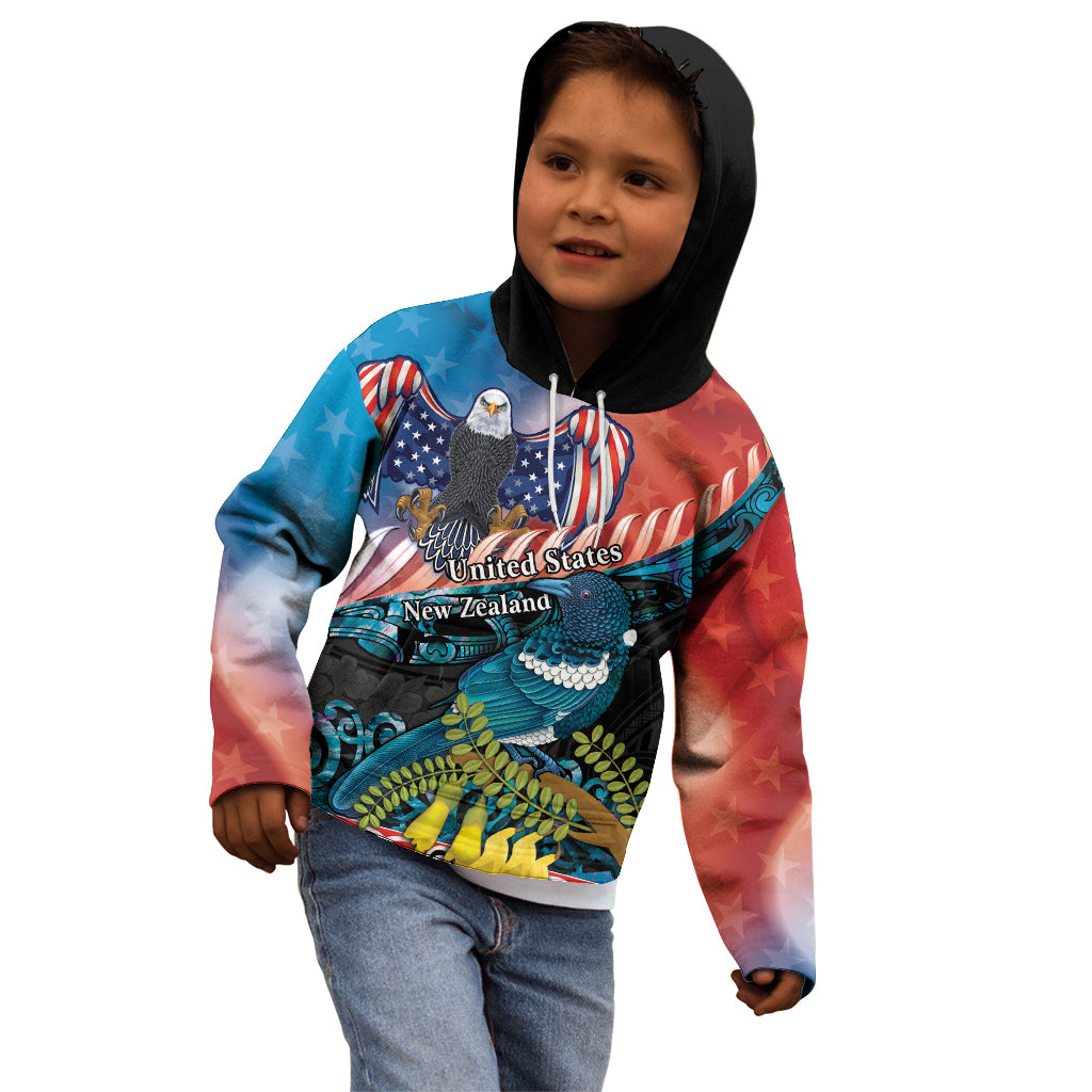Personalised United States And New Zealand Kid Hoodie USA Eagle With Kowhai Aotearoa Tui Bird LT14 - Polynesian Pride