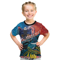 Personalised United States And New Zealand Kid T Shirt USA Eagle With Kowhai Aotearoa Tui Bird LT14 Blue - Polynesian Pride