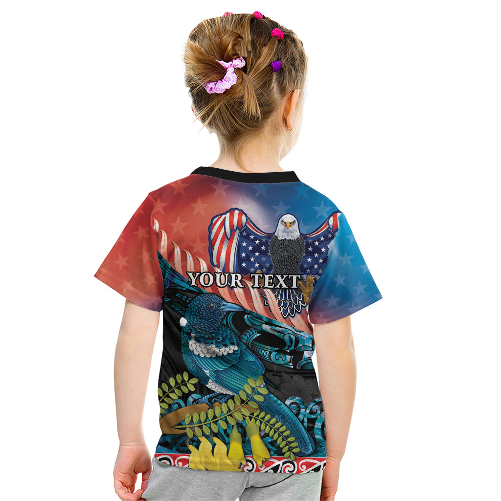 Personalised United States And New Zealand Kid T Shirt USA Eagle With Kowhai Aotearoa Tui Bird LT14 - Polynesian Pride