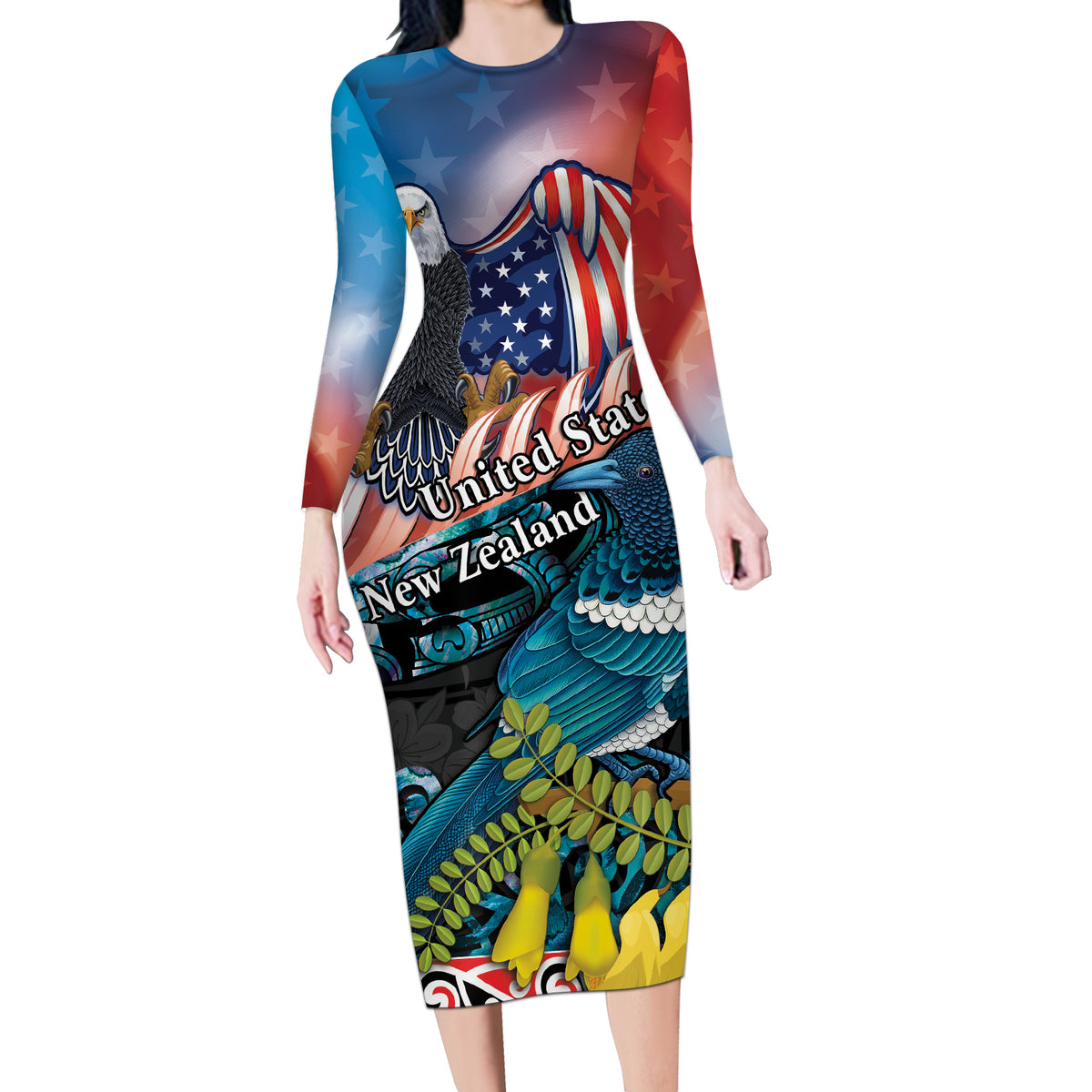 Personalised United States And New Zealand Long Sleeve Bodycon Dress USA Eagle With Kowhai Aotearoa Tui Bird LT14 Long Dress Blue - Polynesian Pride