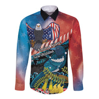 Personalised United States And New Zealand Long Sleeve Button Shirt USA Eagle With Kowhai Aotearoa Tui Bird LT14 Unisex Blue - Polynesian Pride