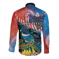 Personalised United States And New Zealand Long Sleeve Button Shirt USA Eagle With Kowhai Aotearoa Tui Bird LT14 - Polynesian Pride