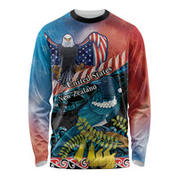 Personalised United States And New Zealand Long Sleeve Shirt USA Eagle With Kowhai Aotearoa Tui Bird LT14 Unisex Blue - Polynesian Pride