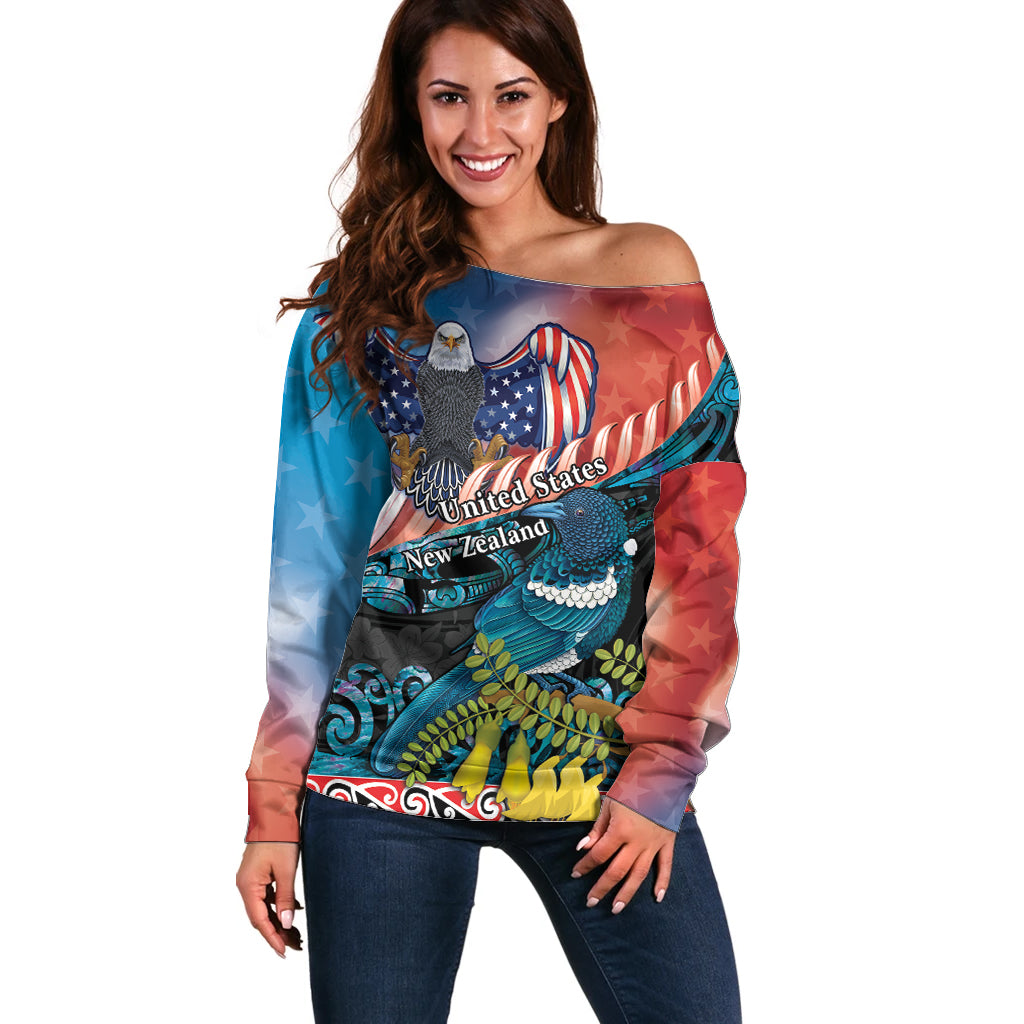Personalised United States And New Zealand Off Shoulder Sweater USA Eagle With Kowhai Aotearoa Tui Bird LT14 Women Blue - Polynesian Pride