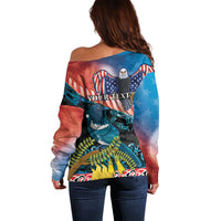 Personalised United States And New Zealand Off Shoulder Sweater USA Eagle With Kowhai Aotearoa Tui Bird LT14 - Polynesian Pride