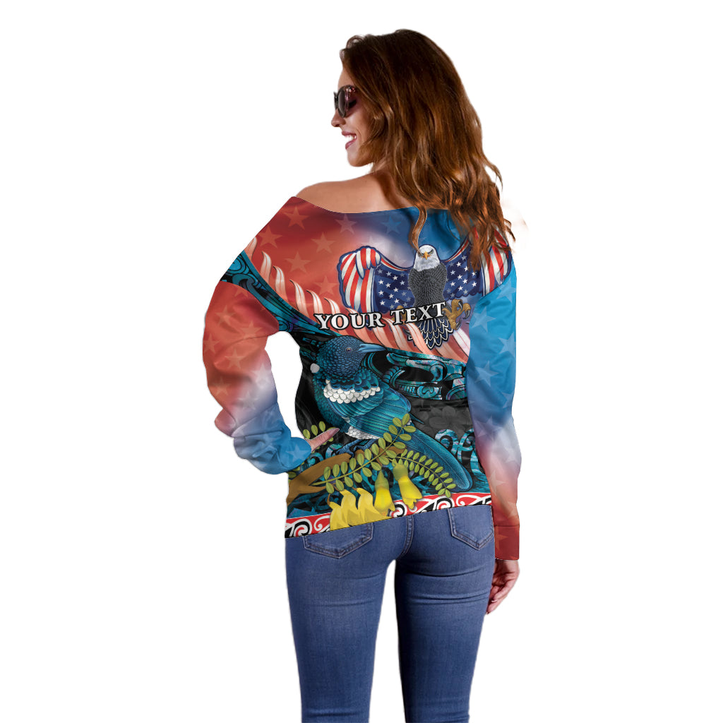 Personalised United States And New Zealand Off Shoulder Sweater USA Eagle With Kowhai Aotearoa Tui Bird LT14 - Polynesian Pride