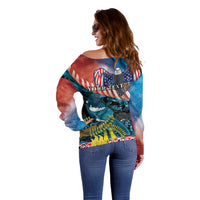 Personalised United States And New Zealand Off Shoulder Sweater USA Eagle With Kowhai Aotearoa Tui Bird LT14 - Polynesian Pride