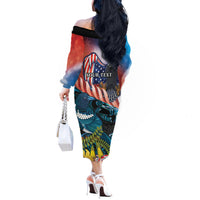 Personalised United States And New Zealand Off The Shoulder Long Sleeve Dress USA Eagle With Kowhai Aotearoa Tui Bird LT14 - Polynesian Pride