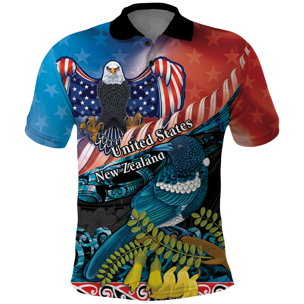 Personalised United States And New Zealand Polo Shirt USA Eagle With Kowhai Aotearoa Tui Bird LT14 Blue - Polynesian Pride