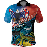 Personalised United States And New Zealand Polo Shirt USA Eagle With Kowhai Aotearoa Tui Bird LT14 Blue - Polynesian Pride