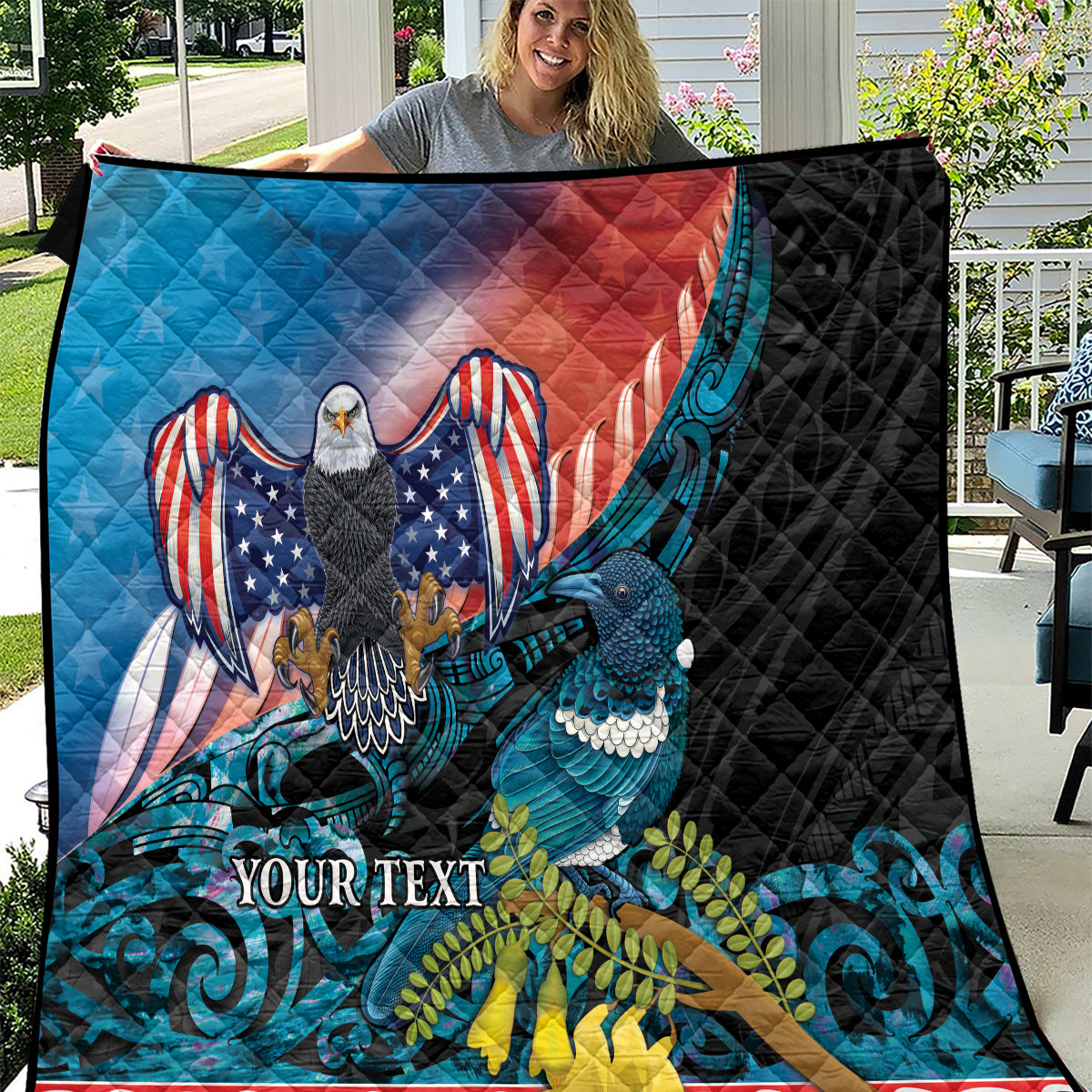 Personalised United States And New Zealand Quilt USA Eagle With Kowhai Aotearoa Tui Bird LT14 Blue - Polynesian Pride