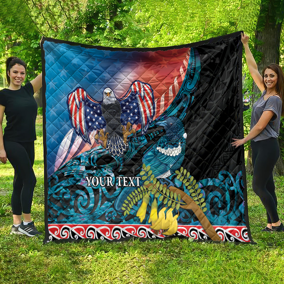 Personalised United States And New Zealand Quilt USA Eagle With Kowhai Aotearoa Tui Bird LT14 - Polynesian Pride